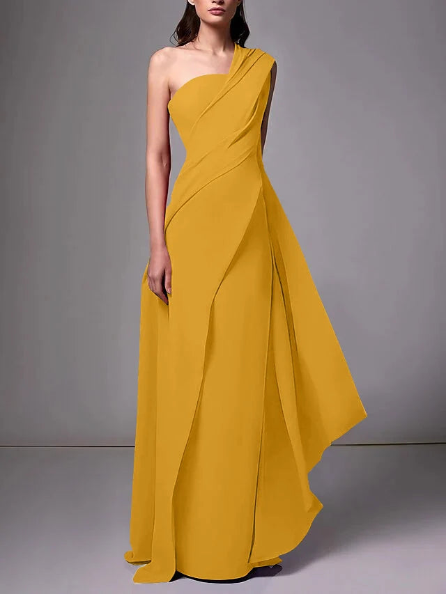 Elegant Sheath One Shoulder Sleeveless Crepe Floor Length Evening Dress