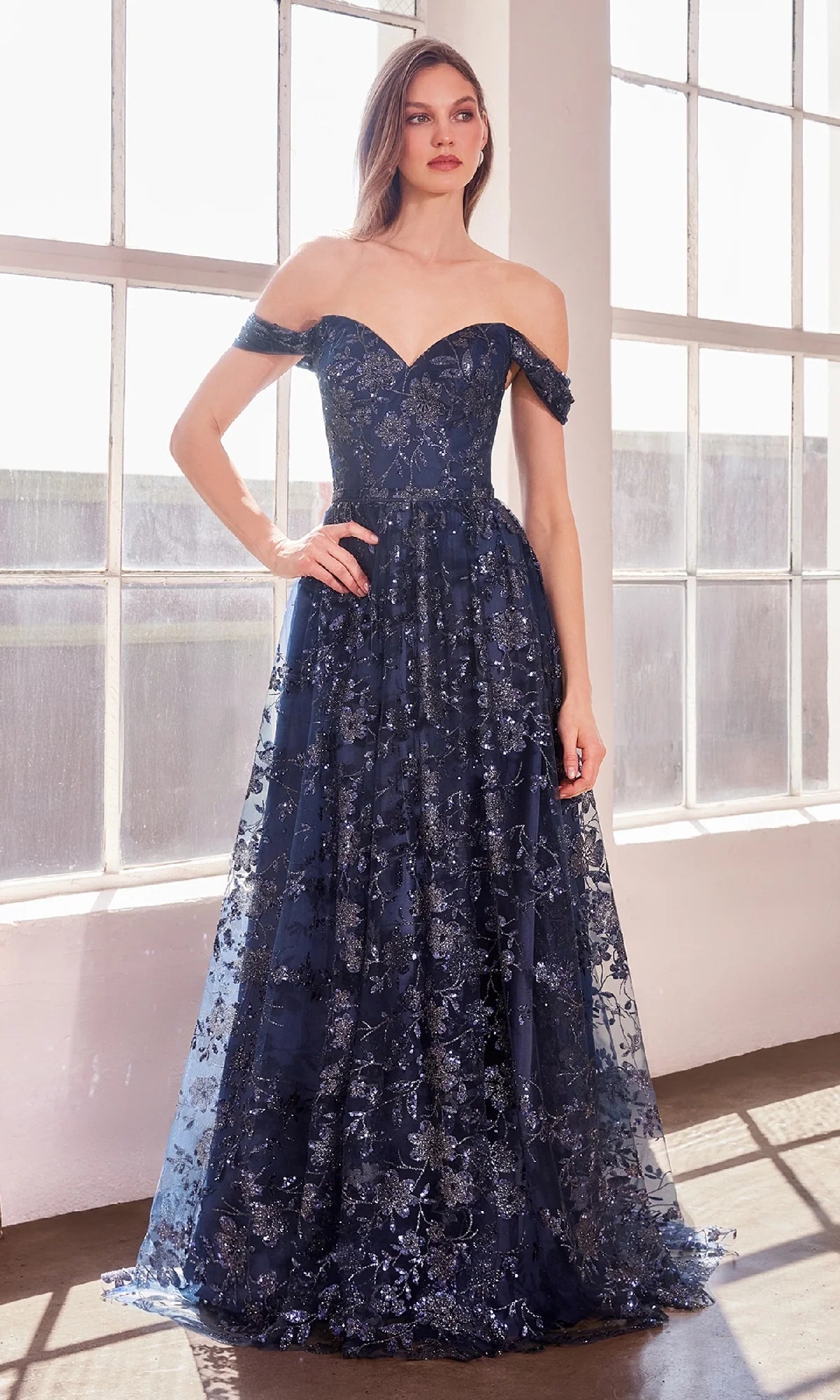 Elegant A-Line Sweetheart Off Shoulder Glitter Tulle Floor Length Evening Dress
