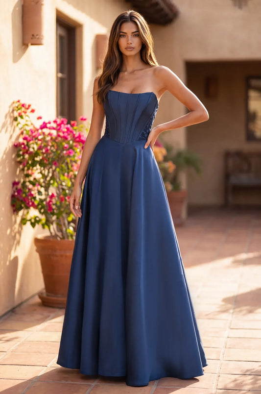 Loverlm navy strapless corset A-line floor length prom dress front