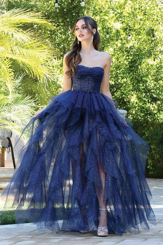 Loverlm navy strapless glitter ruffle ball gown prom dress front