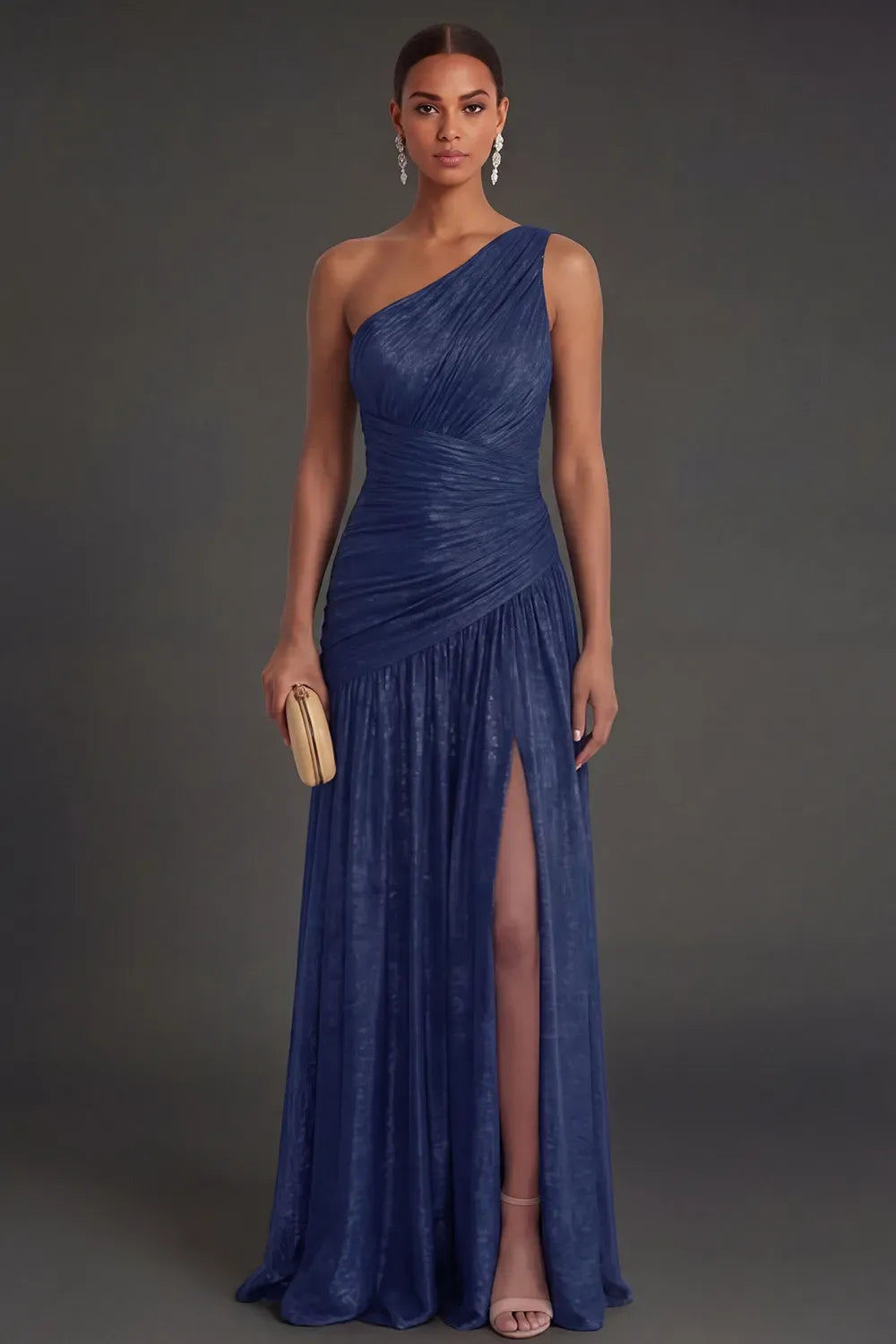 Elegant A-Line One Shoulder Sleeveless Ruched Back Floor Length Evening Dress