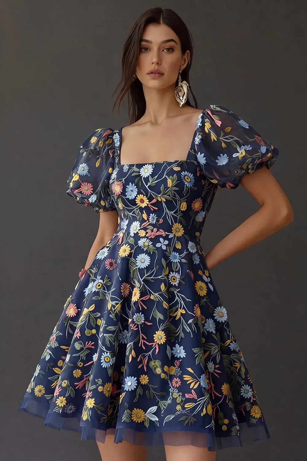 Romantic A Line Square Neck Puff Sleeve Square Back Short Homecoming Dress