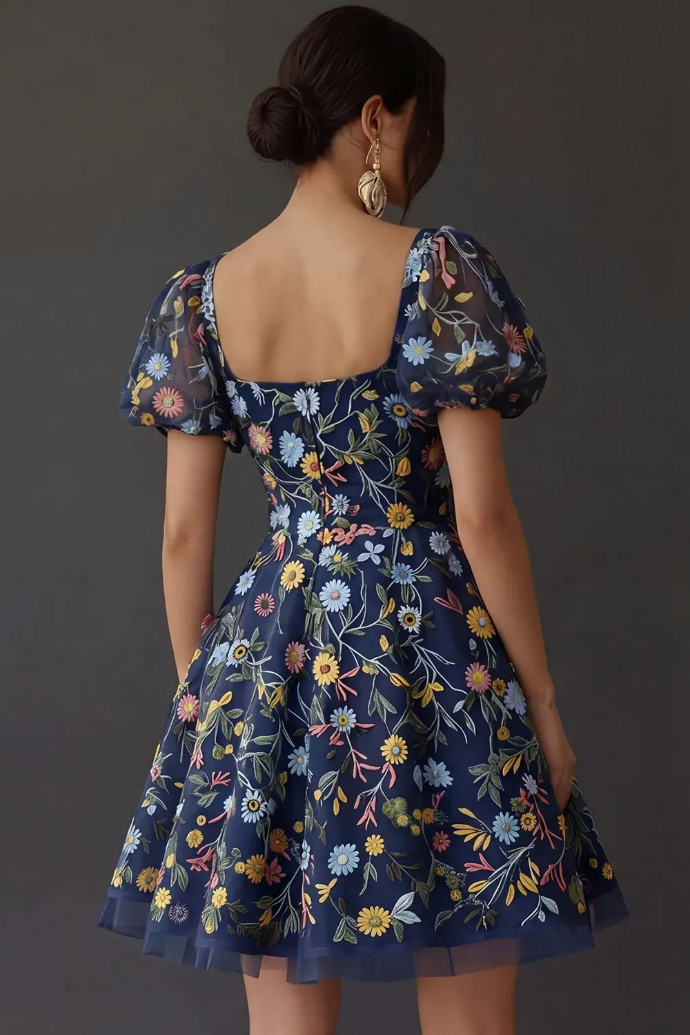 Romantic A Line Square Neck Puff Sleeve Square Back Short Homecoming Dress