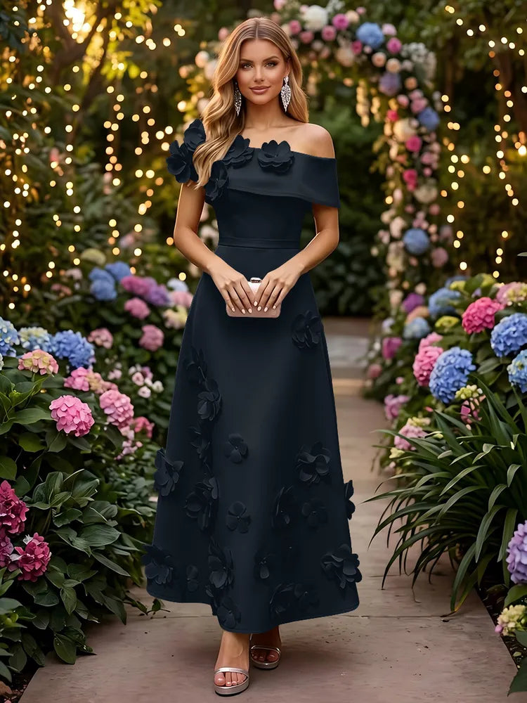 Romantic A-Line Off-Shoulder Short Sleeve Satin Ankle-Length Wedding Guest Dress