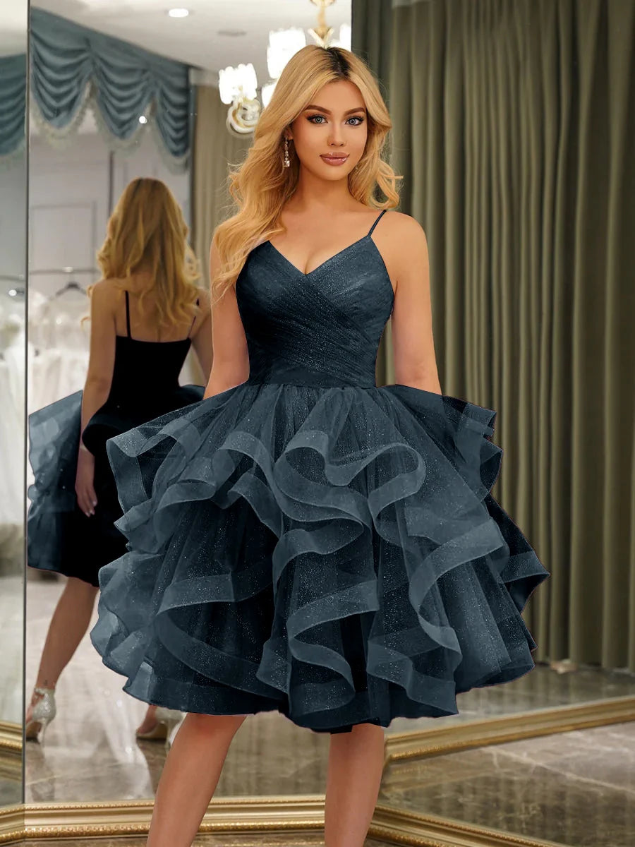 Dreamy A-Line V-Neck Spaghetti Strap Zipper Back Ruffled Mini Homecoming Dress