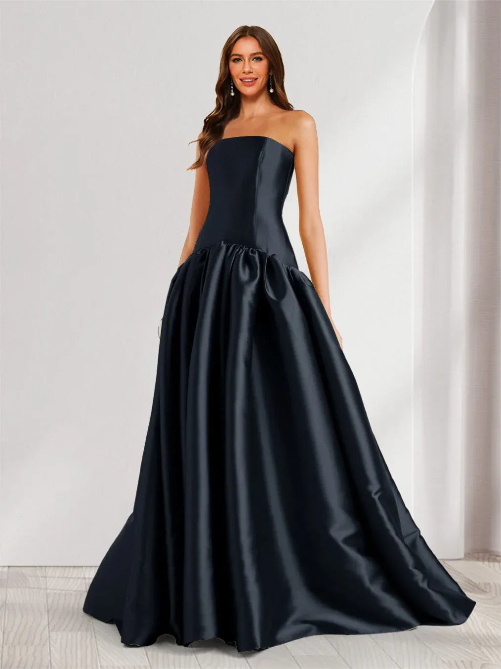 Elegant A-Line Straight-Neck Strapless Zipper-Back Floor-Length Satin Prom Dress