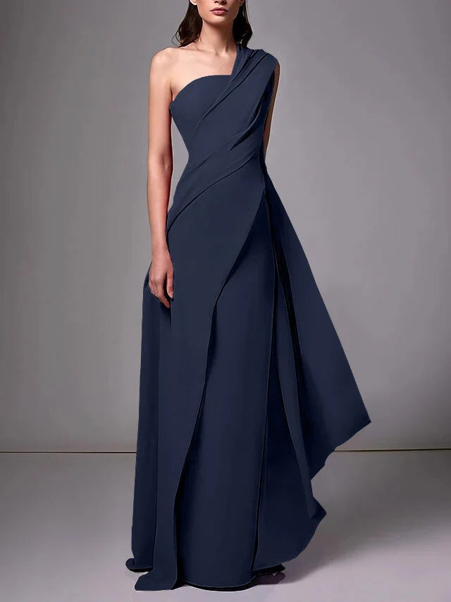 Elegant Sheath One Shoulder Sleeveless Crepe Floor Length Evening Dress