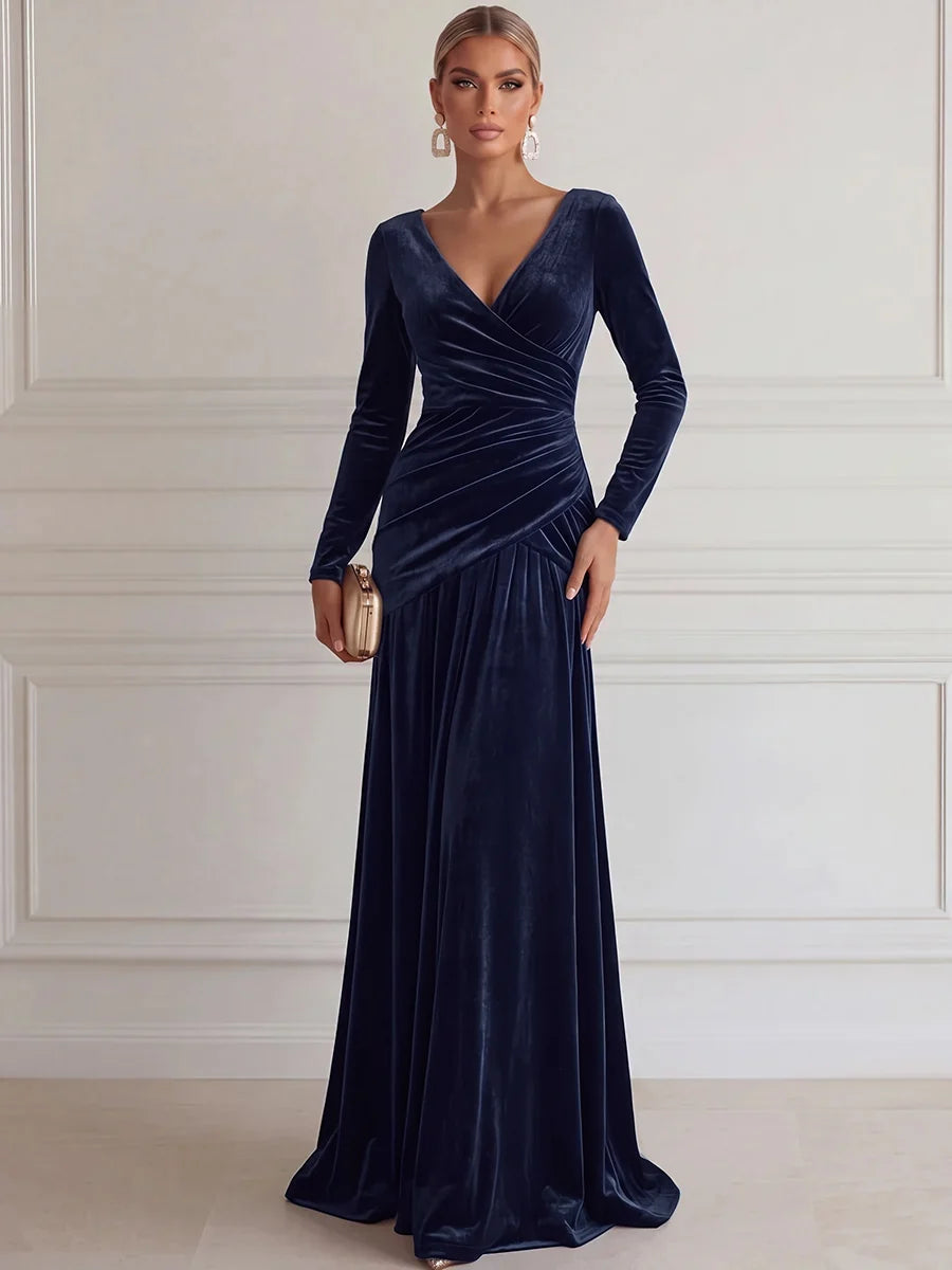 Elegant A-Line V-Neck Long Sleeve Velvet Floor-Length Evening Dress