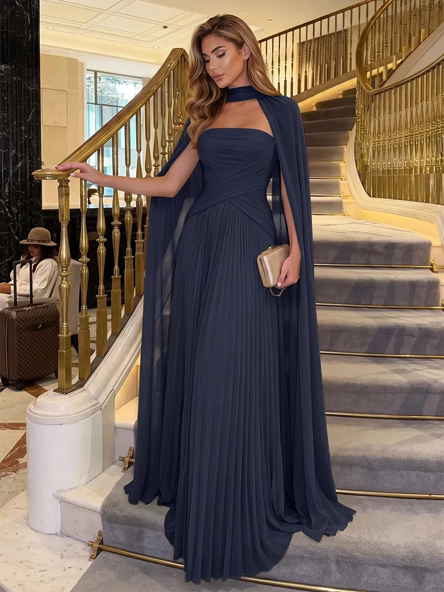 Elegant Pleated Strapless Sleeveless Chiffon Floor Length Evening Dress