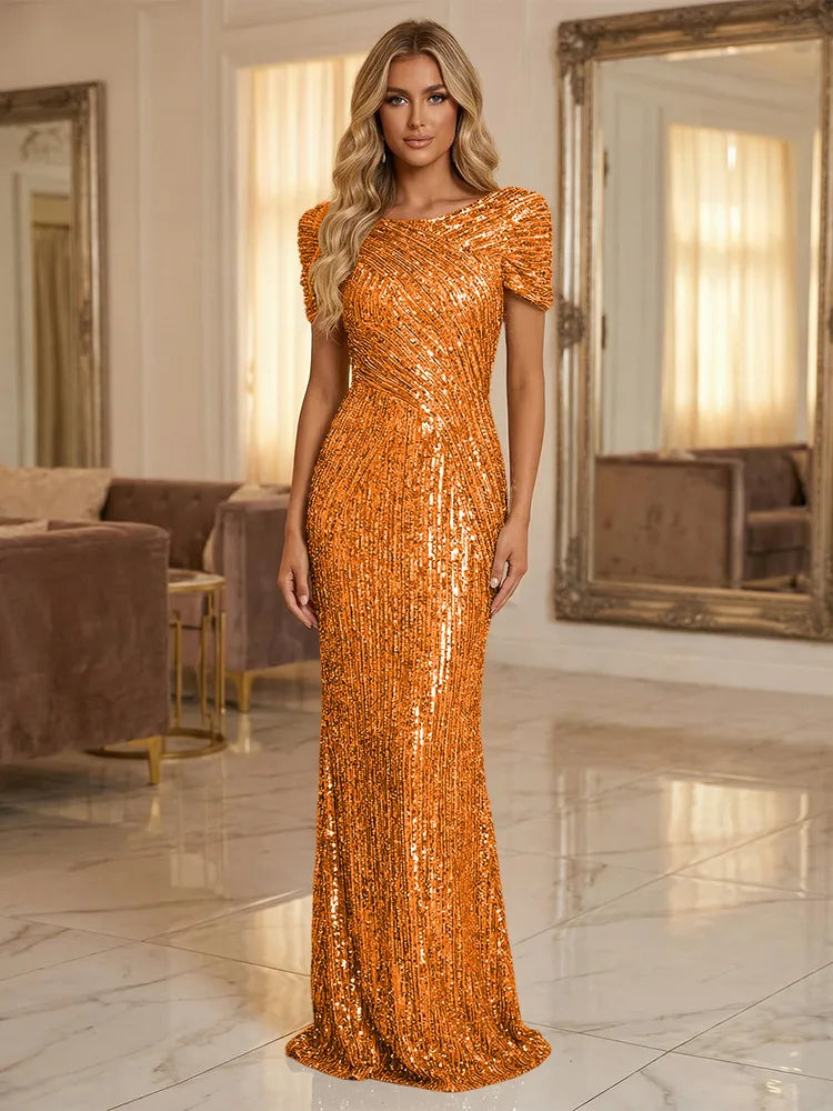 Glamorous Sheath Bateau Neck Puff Sleeve Sequin Floor-Length Evening Dress