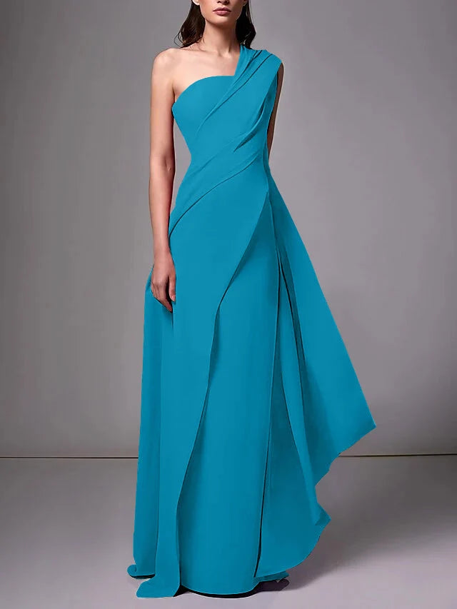 Elegant Sheath One Shoulder Sleeveless Crepe Floor Length Evening Dress