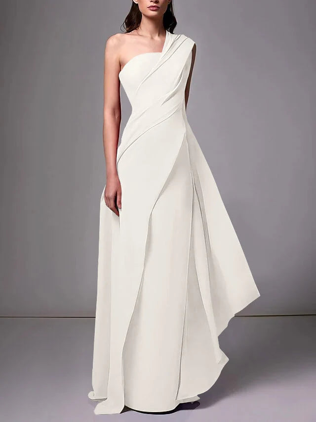 Elegant Sheath One Shoulder Sleeveless Crepe Floor Length Evening Dress