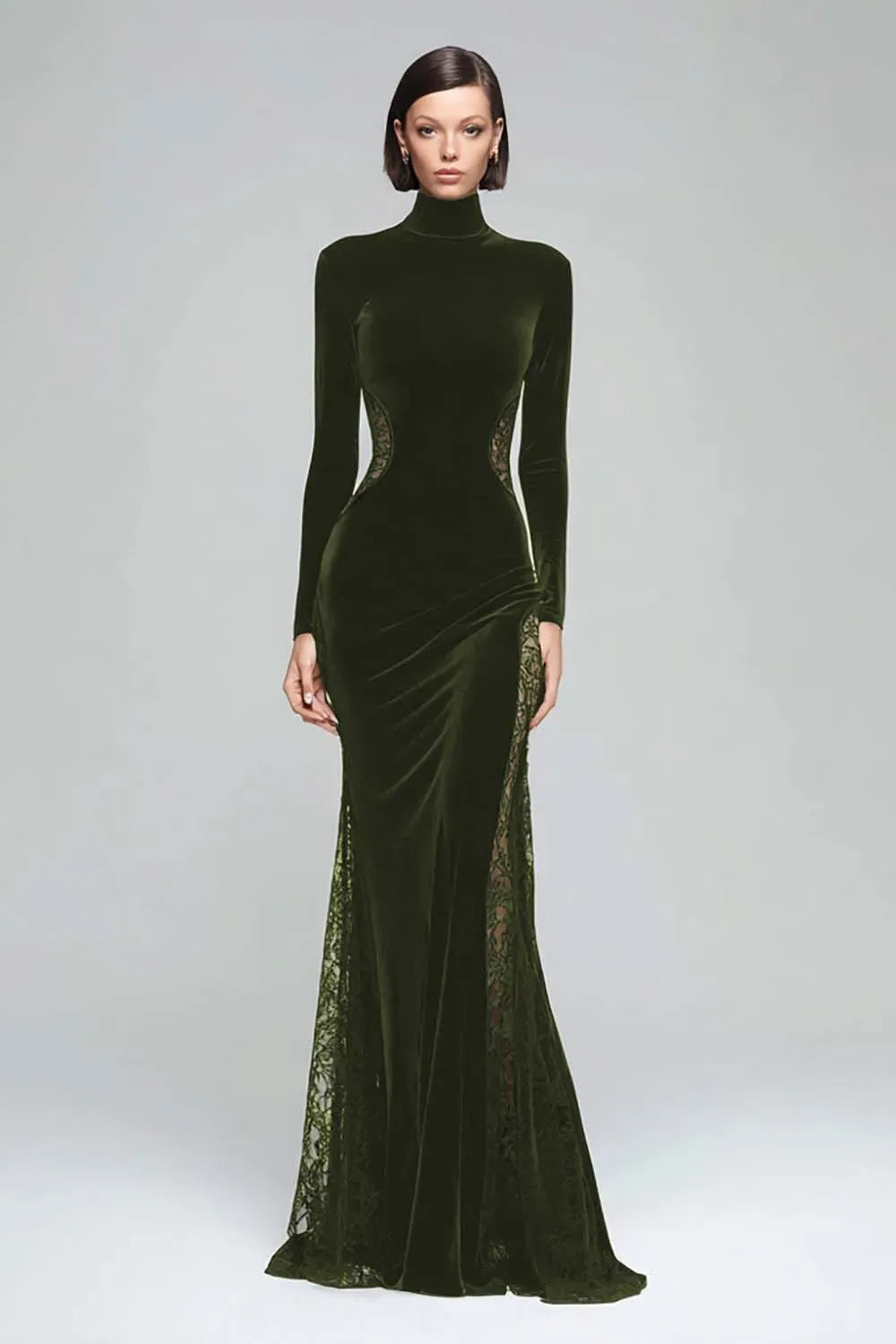 Elegant Mermaid High Neck Long Sleeve Closed Back Floor Length Evening Dress