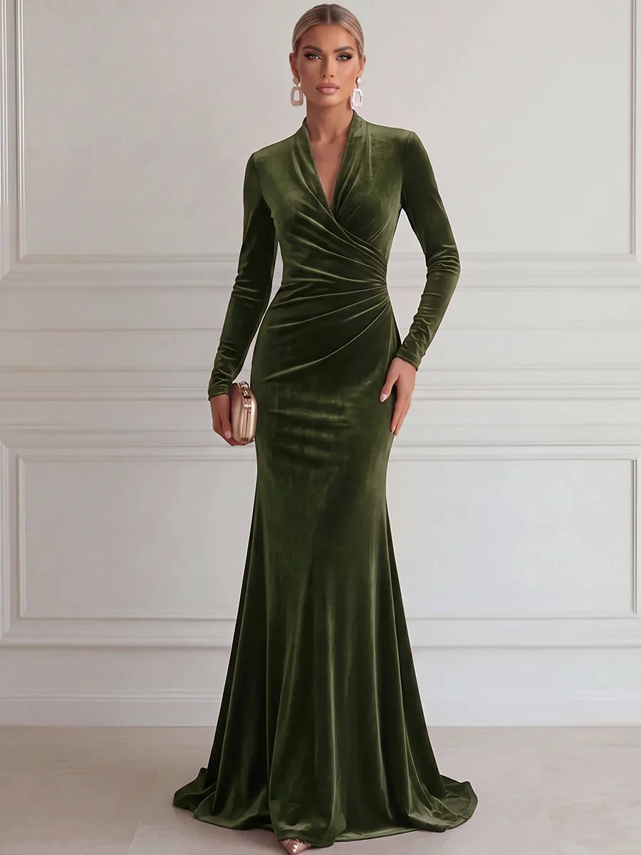 Elegant Mermaid Deep V Long Sleeve Velvet Floor-Length Evening Dress
