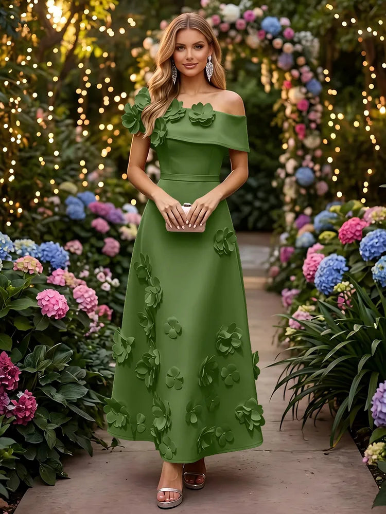 Romantic A-Line Off-Shoulder Short Sleeve Satin Ankle-Length Wedding Guest Dress