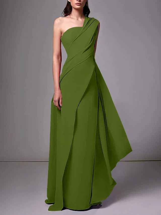 Elegant Sheath One Shoulder Sleeveless Crepe Floor Length Evening Dress