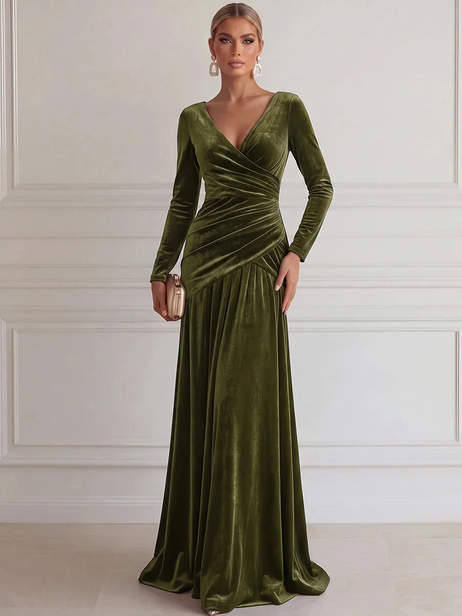 Elegant A-Line V-Neck Long Sleeve Velvet Floor-Length Evening Dress