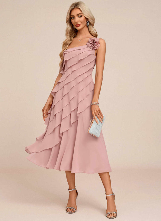 Elegant A-Line Asymmetric One-Shoulder Sleeveless Ruffle Midi Wedding Guest Dress