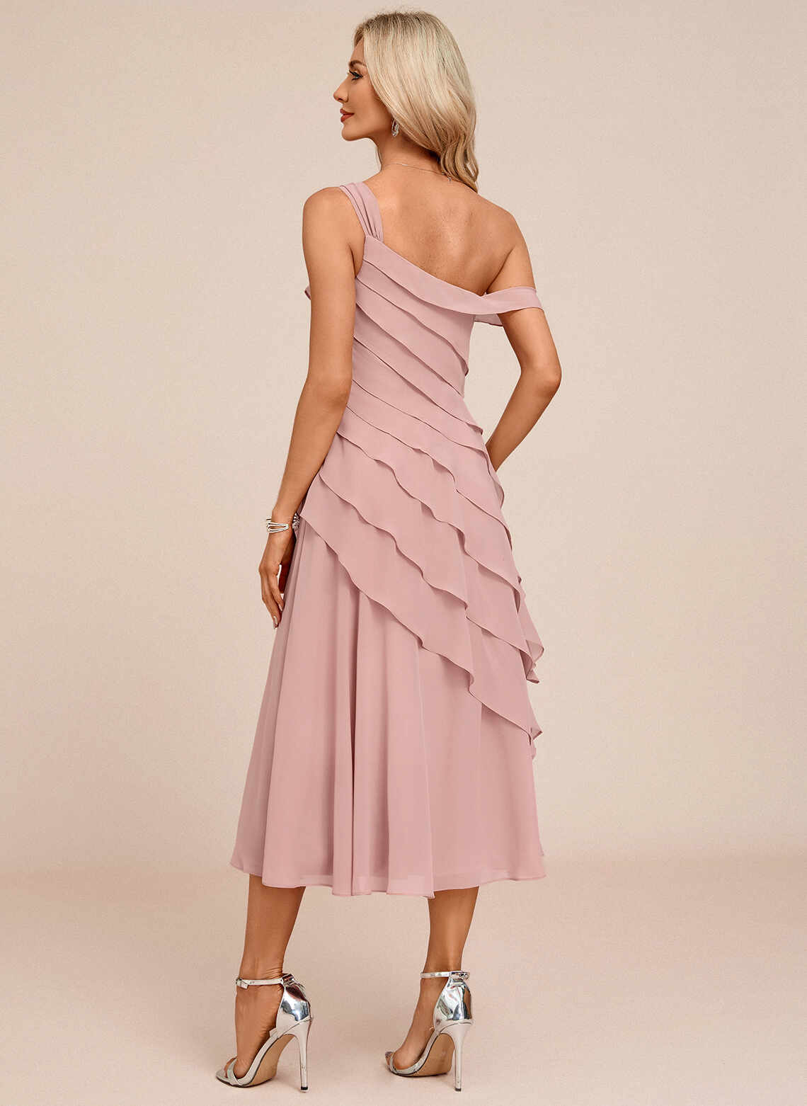 Elegant A-Line Asymmetric One-Shoulder Sleeveless Ruffle Midi Wedding Guest Dress