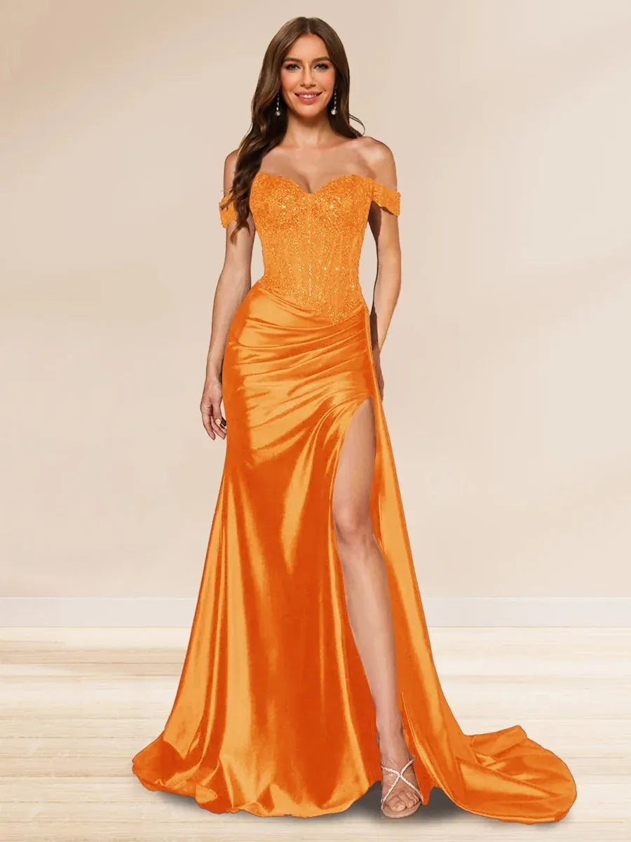 Elegant Mermaid Sweetheart Off-Shoulder V-Back Floor-Length Sequin Evening Dress