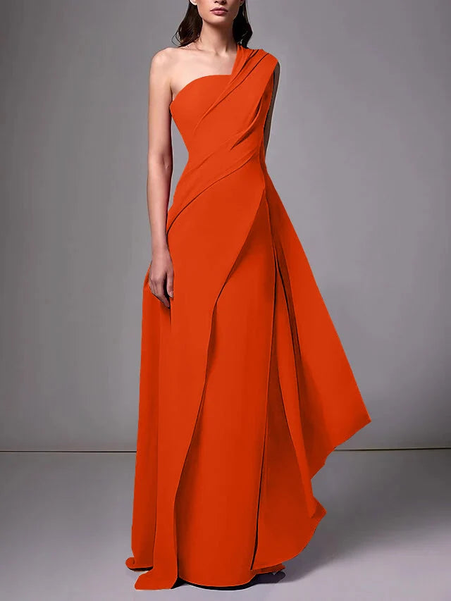 Elegant Sheath One Shoulder Sleeveless Crepe Floor Length Evening Dress