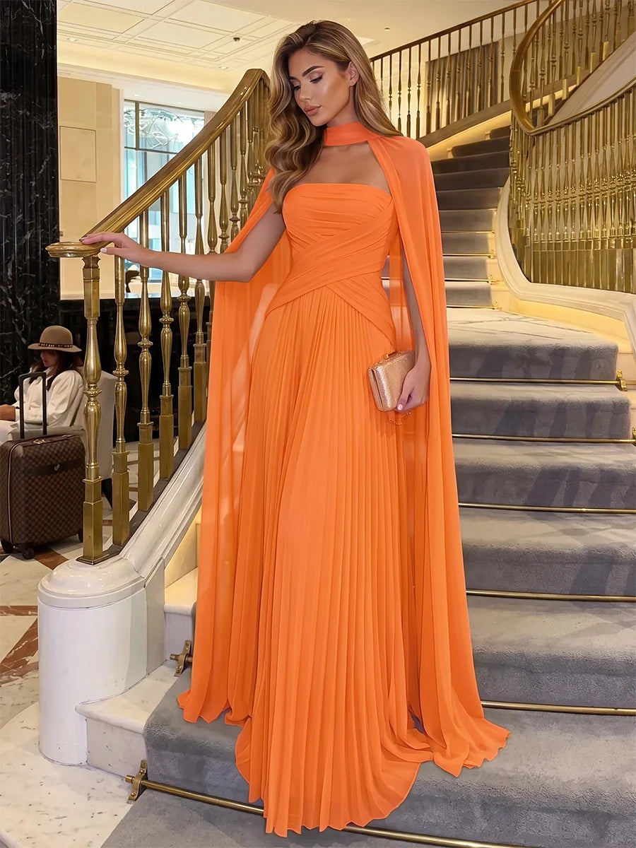Elegant Pleated Strapless Sleeveless Chiffon Floor Length Evening Dress