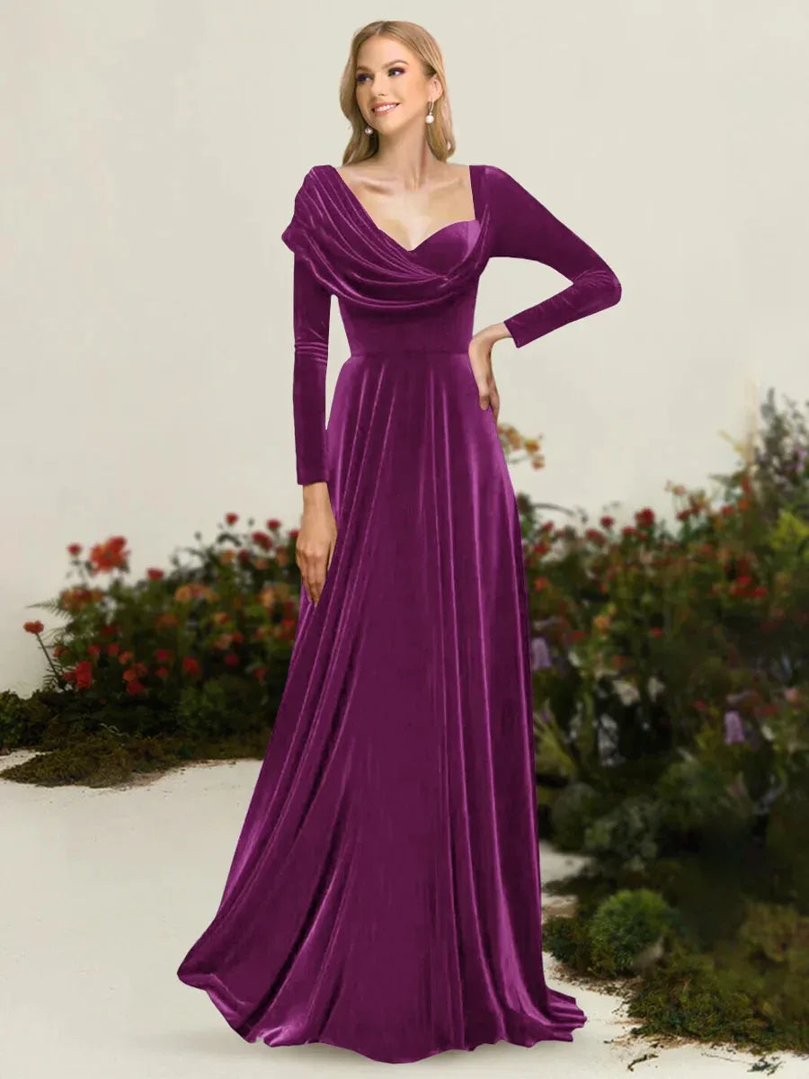 Elegant A-Line Draped Neckline Long Sleeve V-Back Floor-Length Mother of the Bride Dress