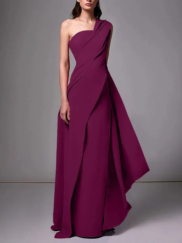 Elegant Sheath One Shoulder Sleeveless Crepe Floor Length Evening Dress