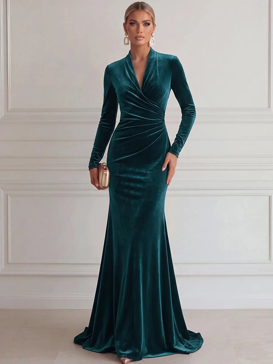 Elegant Mermaid Deep V Long Sleeve Velvet Floor-Length Evening Dress