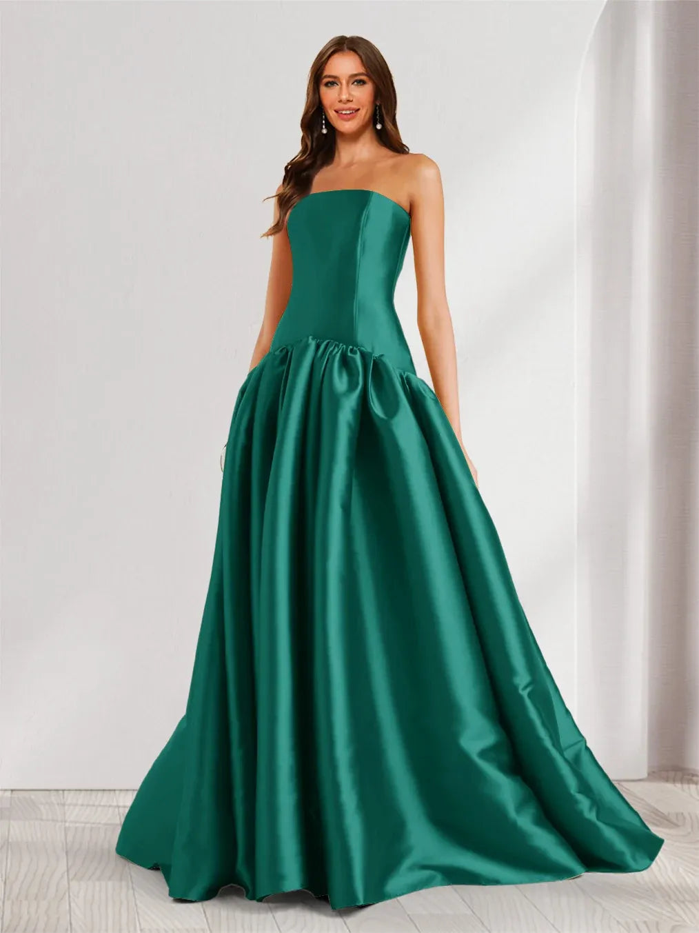 Elegant A-Line Straight-Neck Strapless Zipper-Back Floor-Length Satin Prom Dress