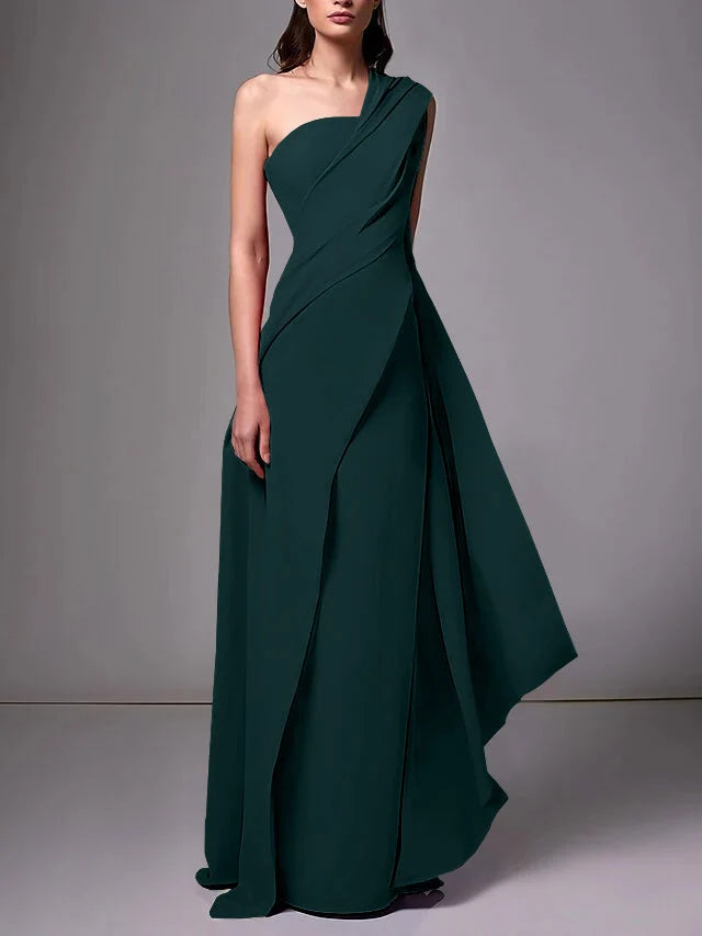 Elegant Sheath One Shoulder Sleeveless Crepe Floor Length Evening Dress