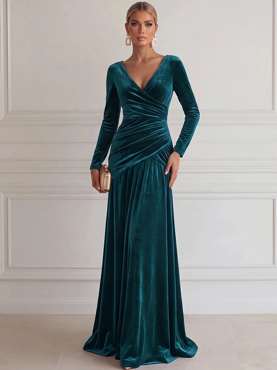 Elegant A-Line V-Neck Long Sleeve Velvet Floor-Length Evening Dress
