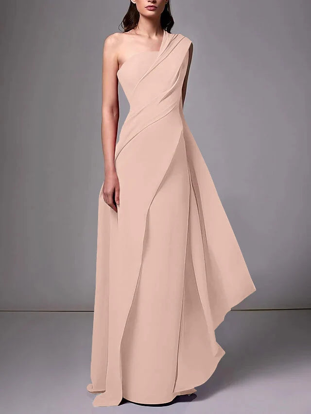 Elegant Sheath One Shoulder Sleeveless Crepe Floor Length Evening Dress