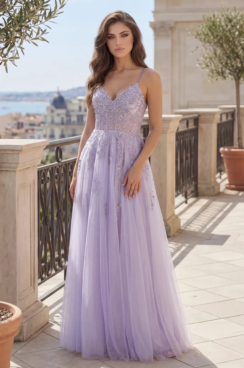 Loverlm periwinkle V-neck lace A-line floor length prom dress front