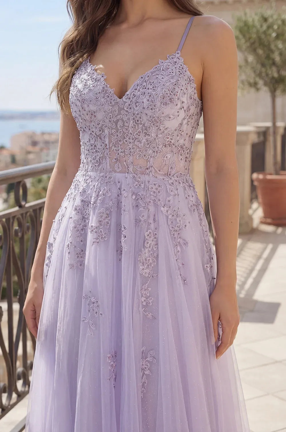 Romantic A-Line V-Neck Spaghetti Strap Lace-Up Back Floor-Length Prom Dress