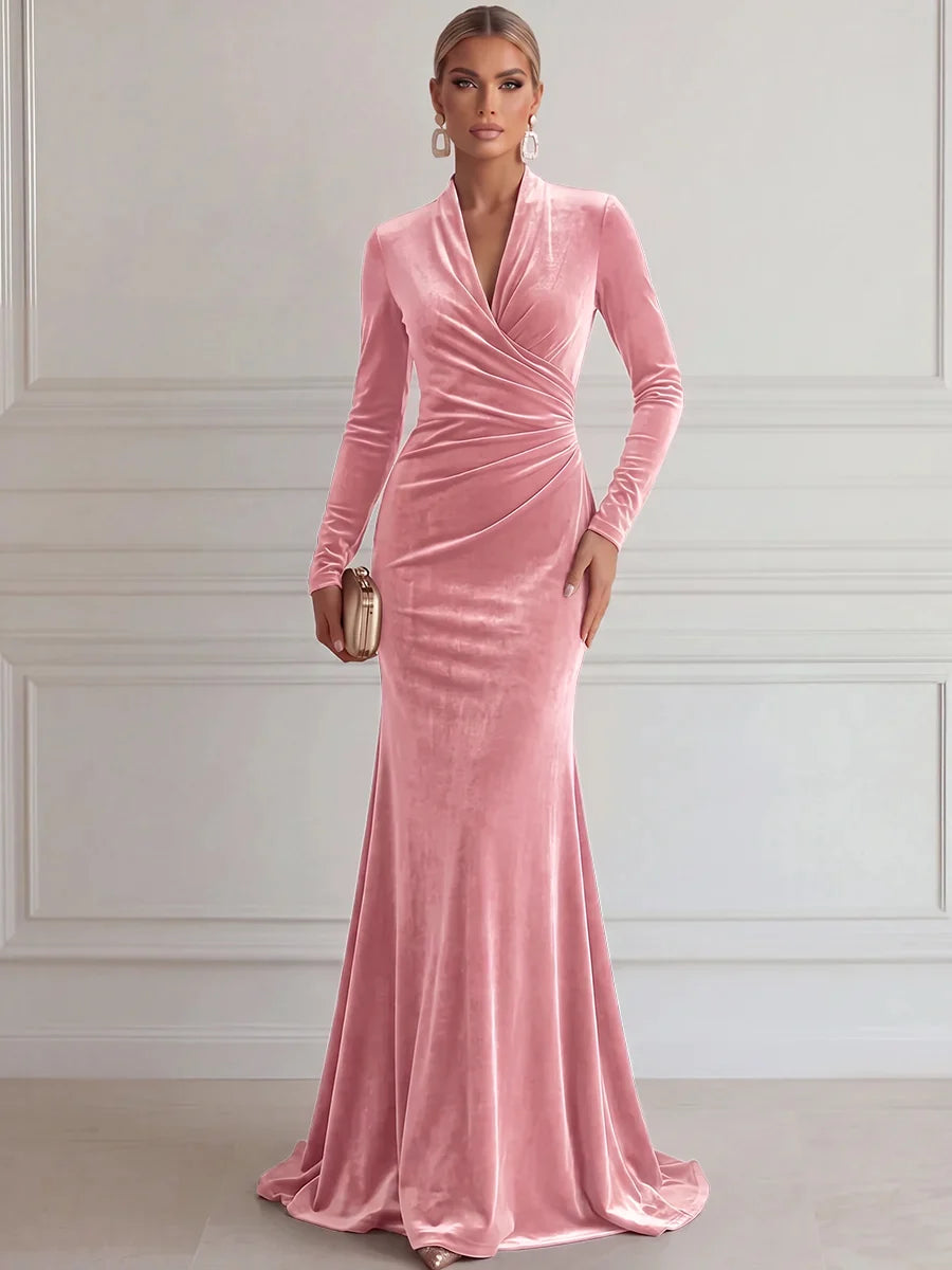 Elegant Mermaid Deep V Long Sleeve Velvet Floor-Length Evening Dress