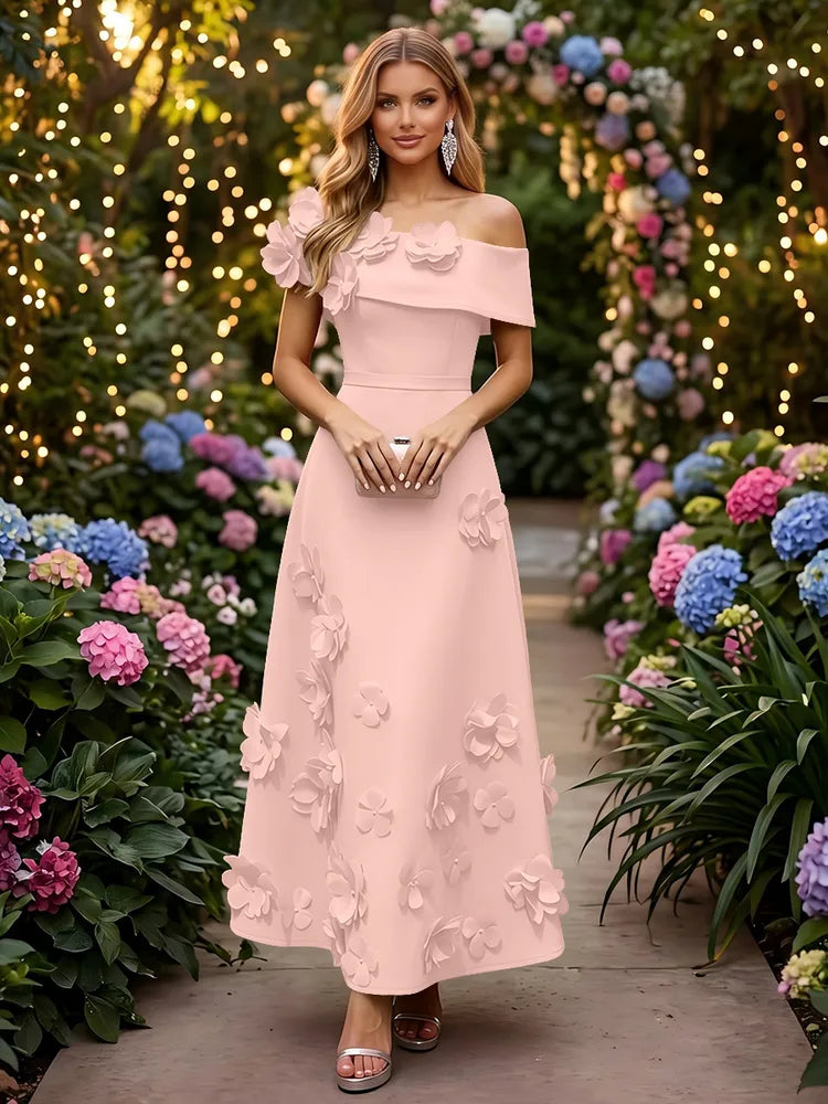 Romantic A-Line Off-Shoulder Short Sleeve Satin Ankle-Length Wedding Guest Dress