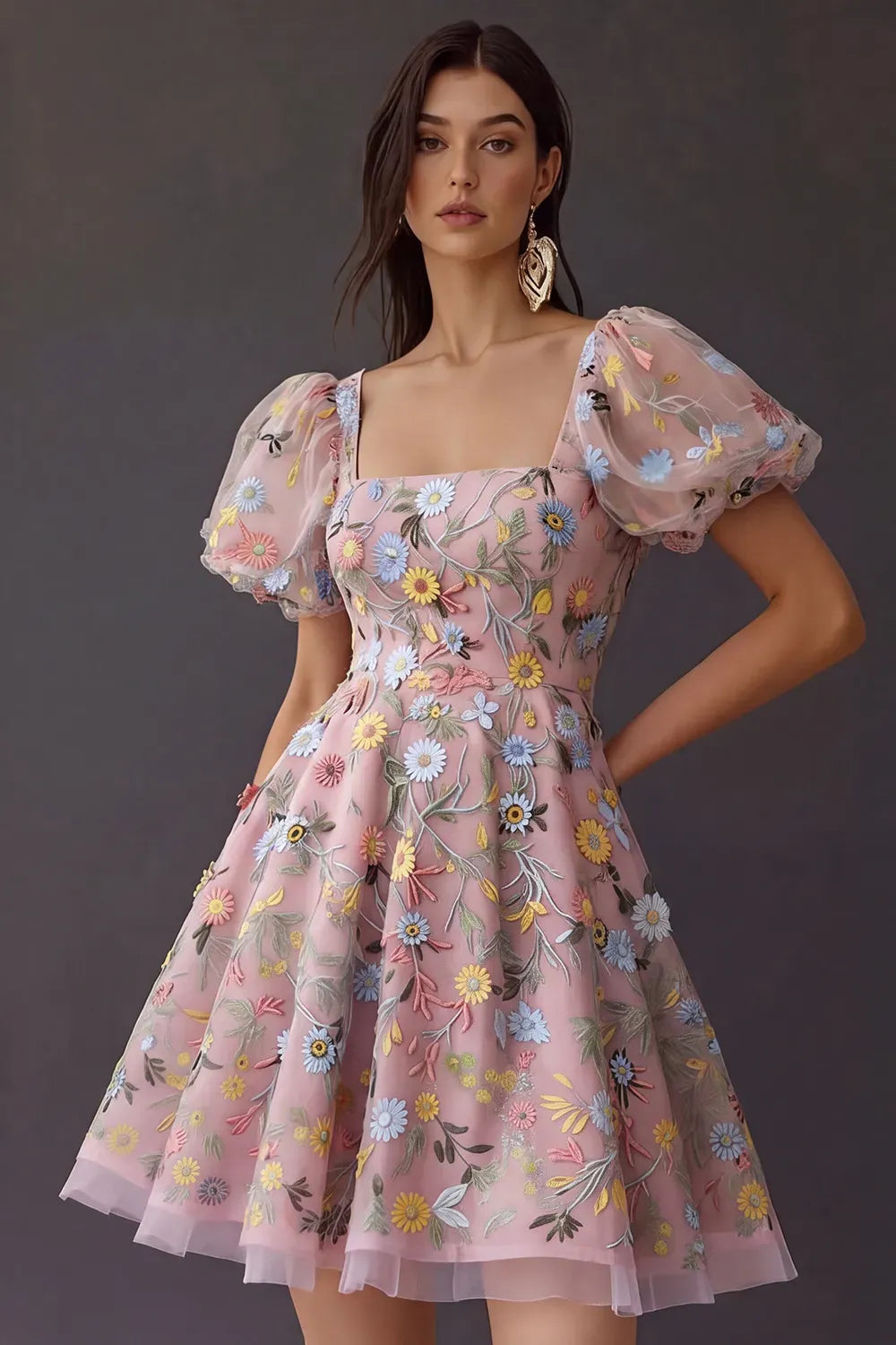 Romantic A Line Square Neck Puff Sleeve Square Back Short Homecoming Dress