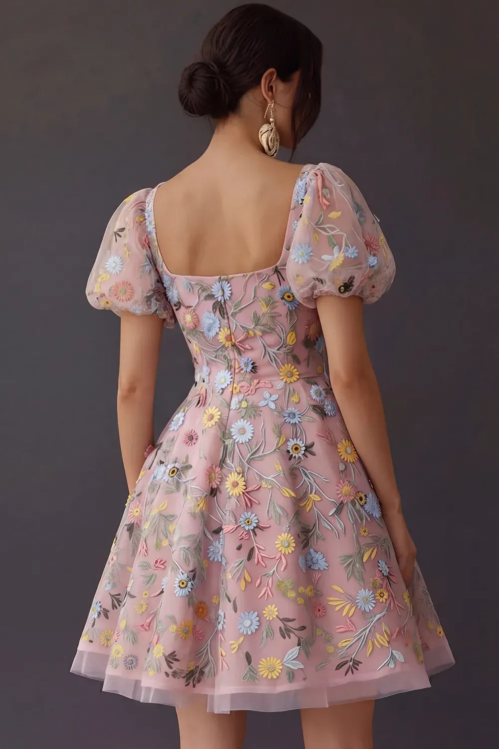 Romantic A Line Square Neck Puff Sleeve Square Back Short Homecoming Dress