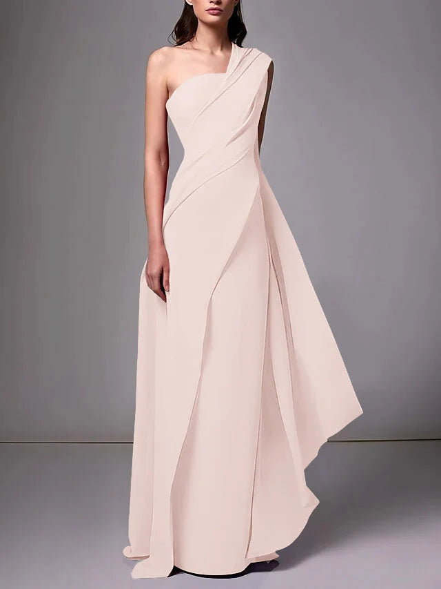 Elegant Sheath One Shoulder Sleeveless Crepe Floor Length Evening Dress
