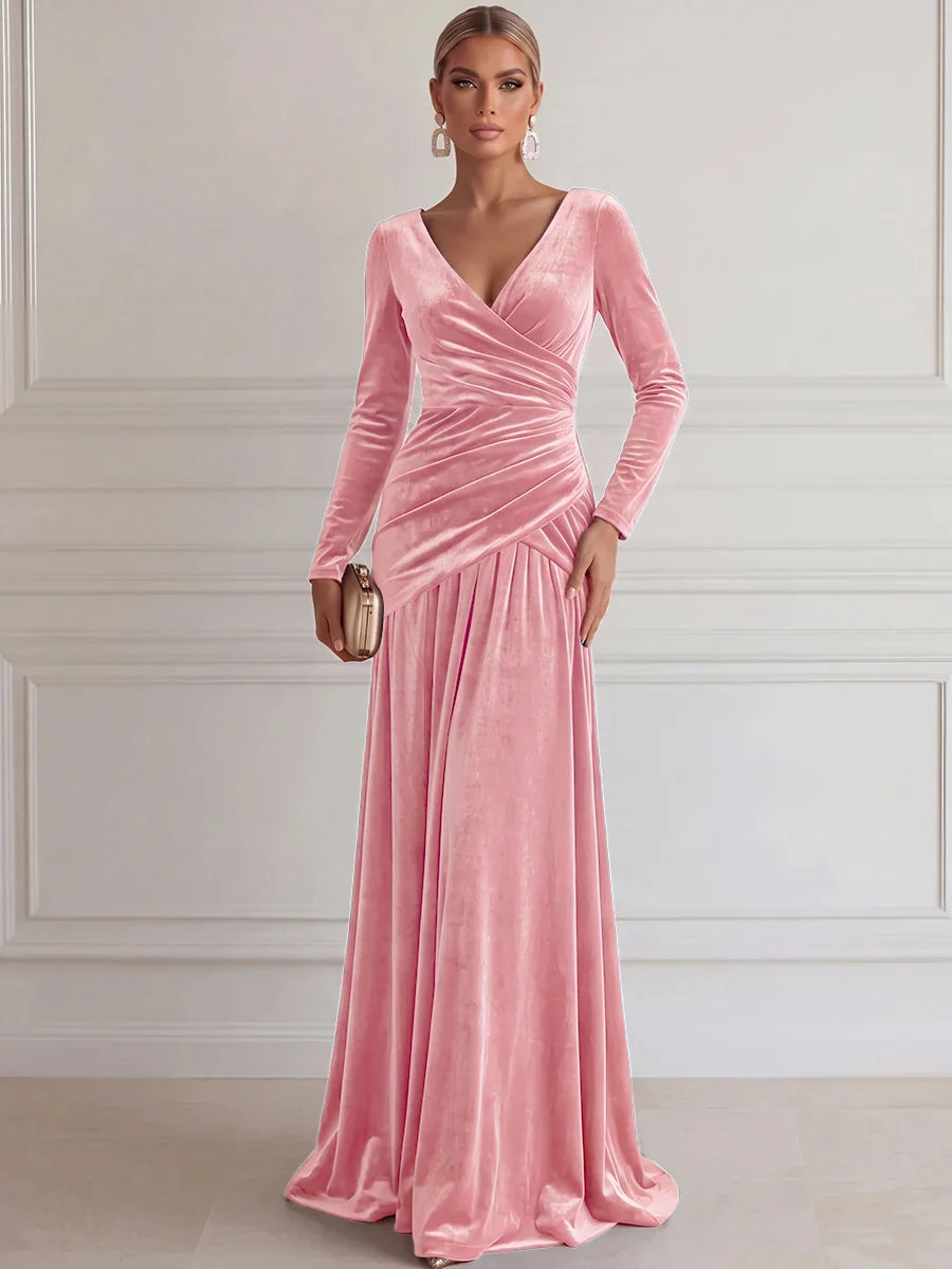 Elegant A-Line V-Neck Long Sleeve Velvet Floor-Length Evening Dress