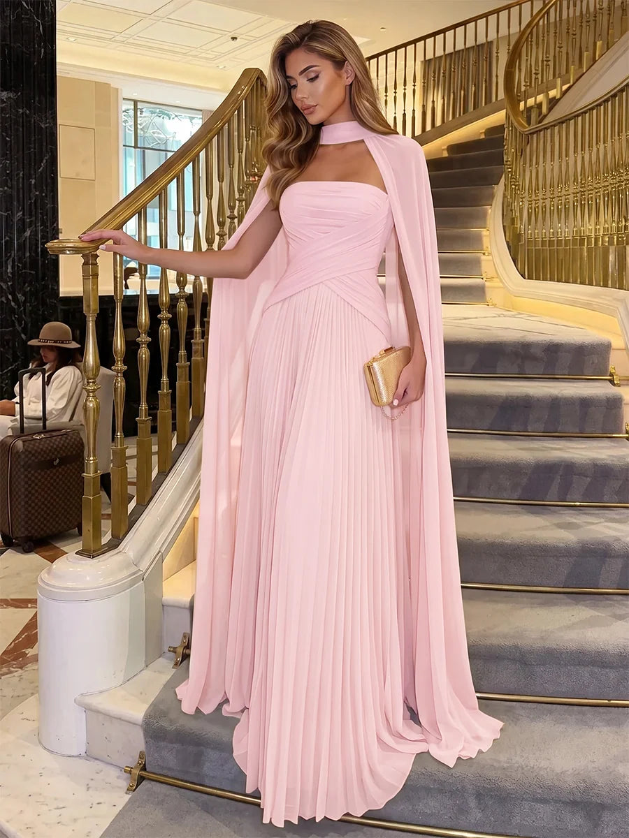 Elegant Pleated Strapless Sleeveless Chiffon Floor Length Evening Dress