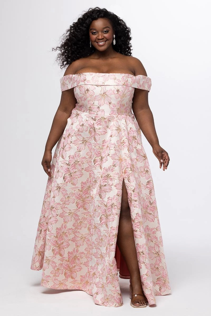 Romantic Plus Size A Line Off Shoulder Jacquard Floor Length Prom Dress