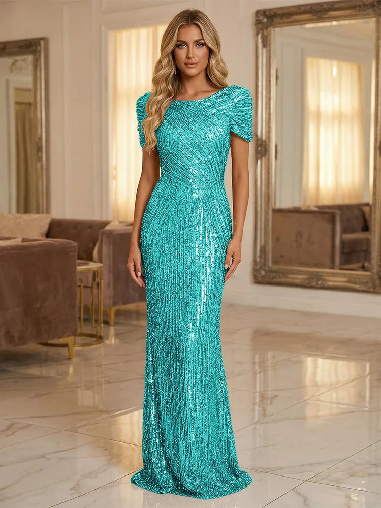 Glamorous Sheath Bateau Neck Puff Sleeve Sequin Floor-Length Evening Dress