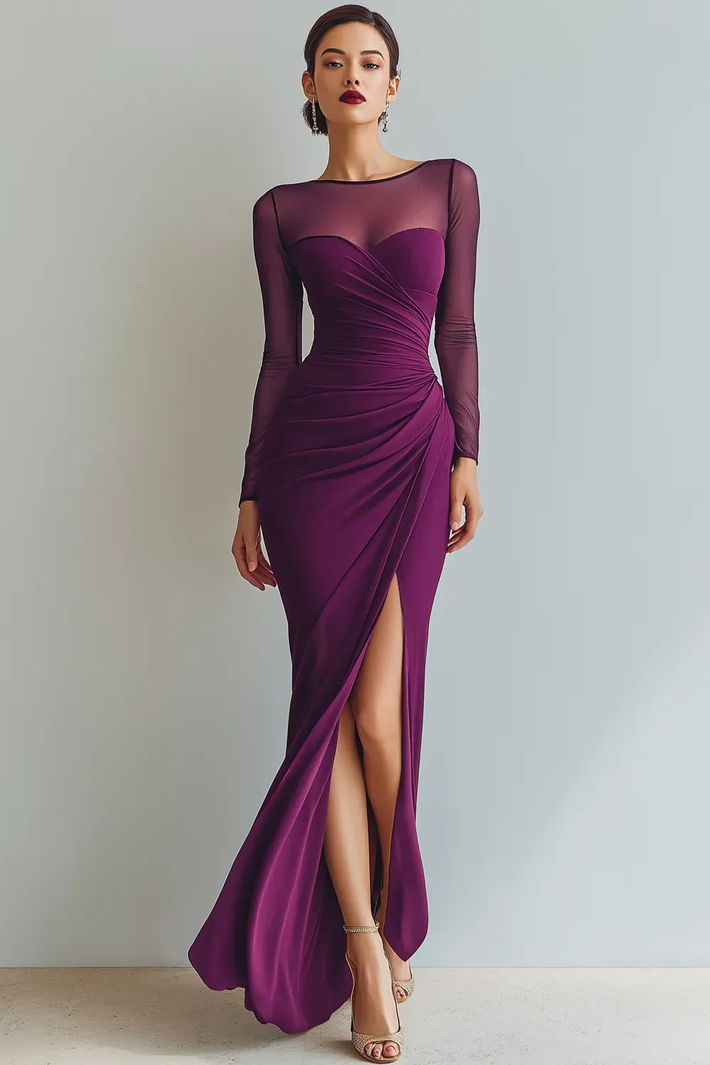 Elegant Sheath Illusion Neck Sheer Sleeves Closed Back Floor Length Evening Dress