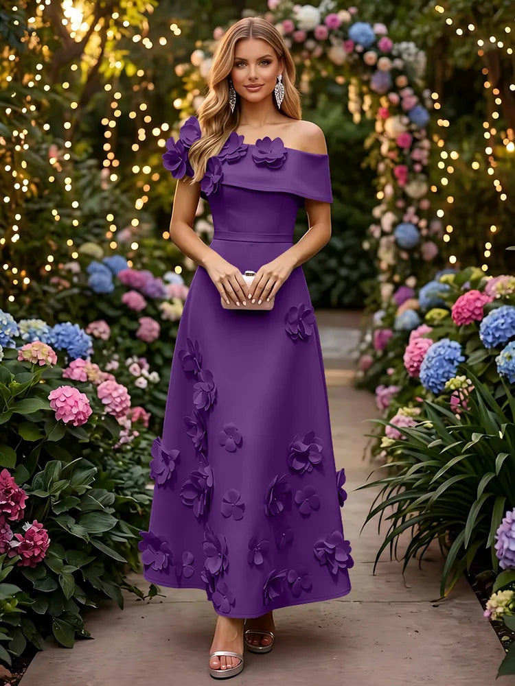 Romantic A-Line Off-Shoulder Short Sleeve Satin Ankle-Length Wedding Guest Dress