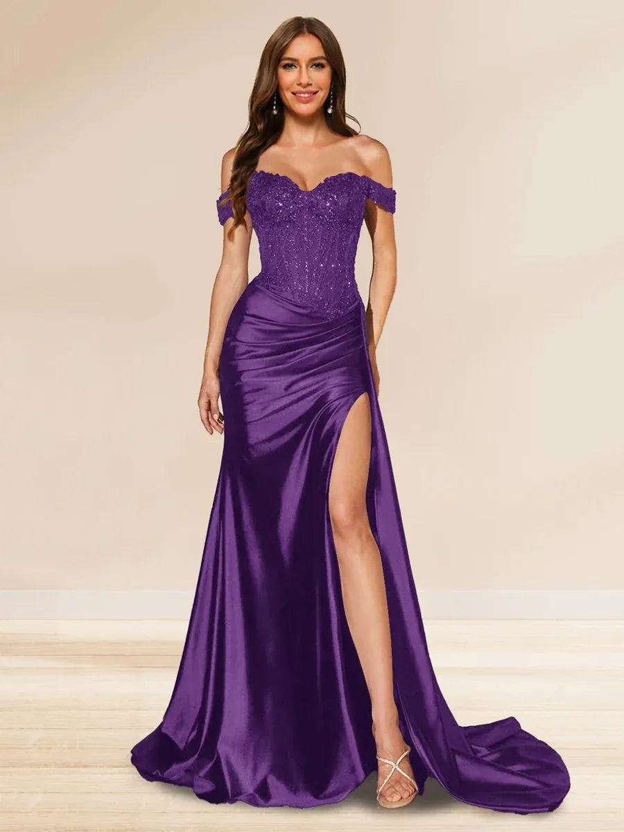 Elegant Mermaid Sweetheart Off-Shoulder V-Back Floor-Length Sequin Evening Dress
