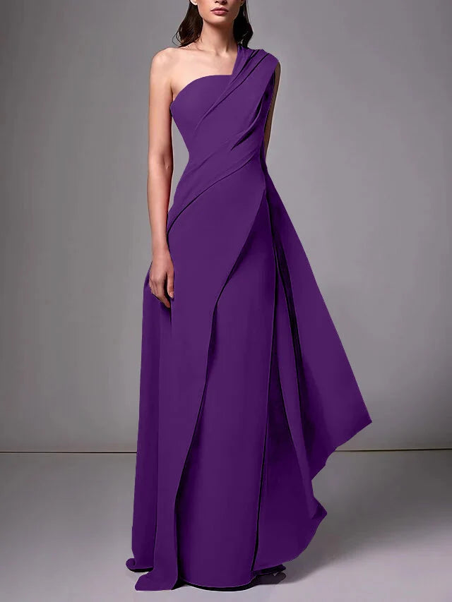 Elegant Sheath One Shoulder Sleeveless Crepe Floor Length Evening Dress