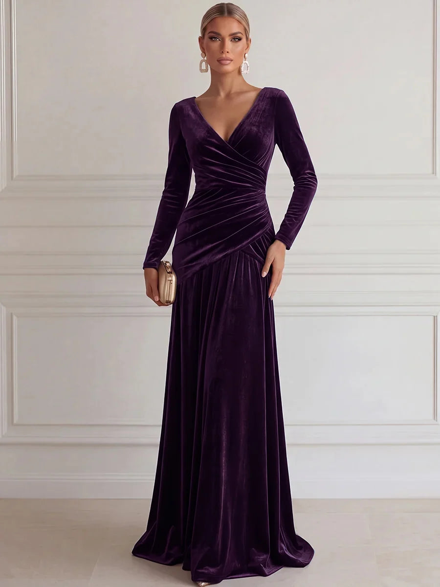 Elegant A-Line V-Neck Long Sleeve Velvet Floor-Length Evening Dress