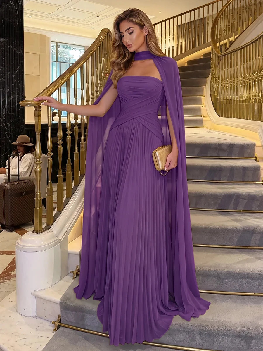 Elegant Pleated Strapless Sleeveless Chiffon Floor Length Evening Dress